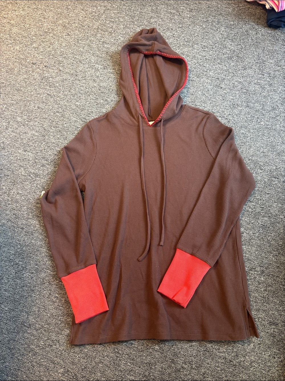 Belle by Kim Gravel Brown Hoodie with Orange/Red Cuff and Hood Trim